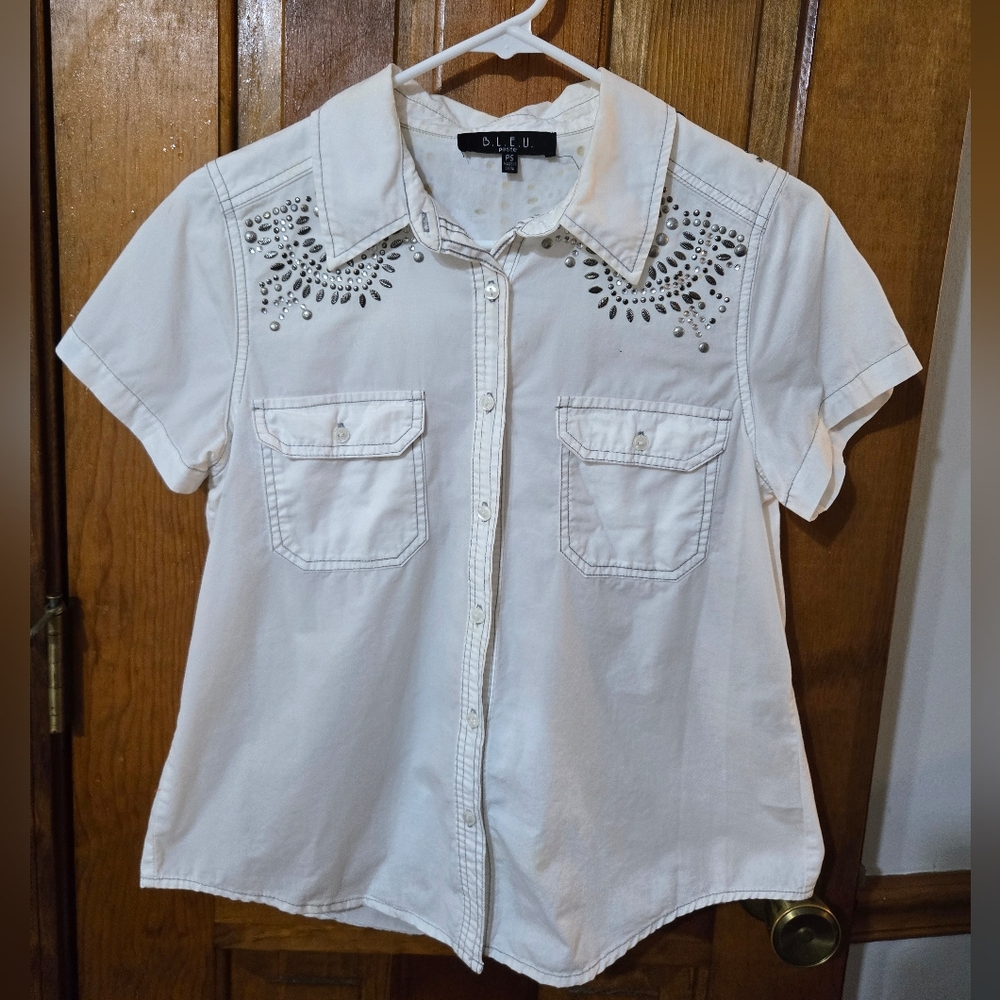 B.L.E.U. White Embellished Button Down Shirt
